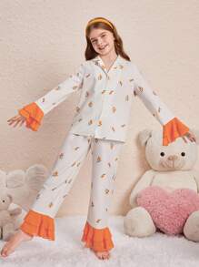 SHEIN 少女新鮮花卉圖案落肩針織外套和褲子套裝,家居服裝 - 彩色 - 查看 4