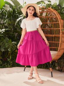 SHEIN Váy Tween Girl dệt màu trơn dáng rộng cho mùa xuân và mùa hè - Màu Hồng Tươi - Xem 5