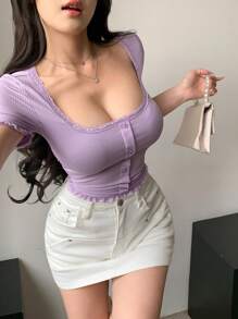 Dazy Designer 女式蕾絲拼接包裝tee - 紫色 - 查看 7