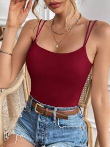 SHEIN Frenchy Ladies' Solid Color Double Shoulder Strap Camisole With Chest Padding Summer Top Vacation Clothes - Burgundy - View 4