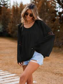 SHEIN VCAY Ladies' Solid Color Lace Patchwork Bell Sleeve Shirt - Black - View 3