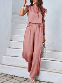 SHEIN LUNE Bộ đồ hai mảnh áo tay lửng cổ tròn màu trơn và quần dài cho nữ - Hồng - Xem 3