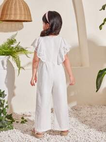 SHEIN Young Girl Lovely Light Palace Style Round Neck Ruffle Trim Jumpsuit - White - View 1