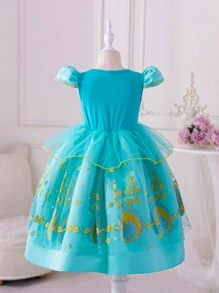Young Girls Glitter Print Princess Party Dress, Suitable For Birthday, Wedding And Stage Performances - Green - View 2