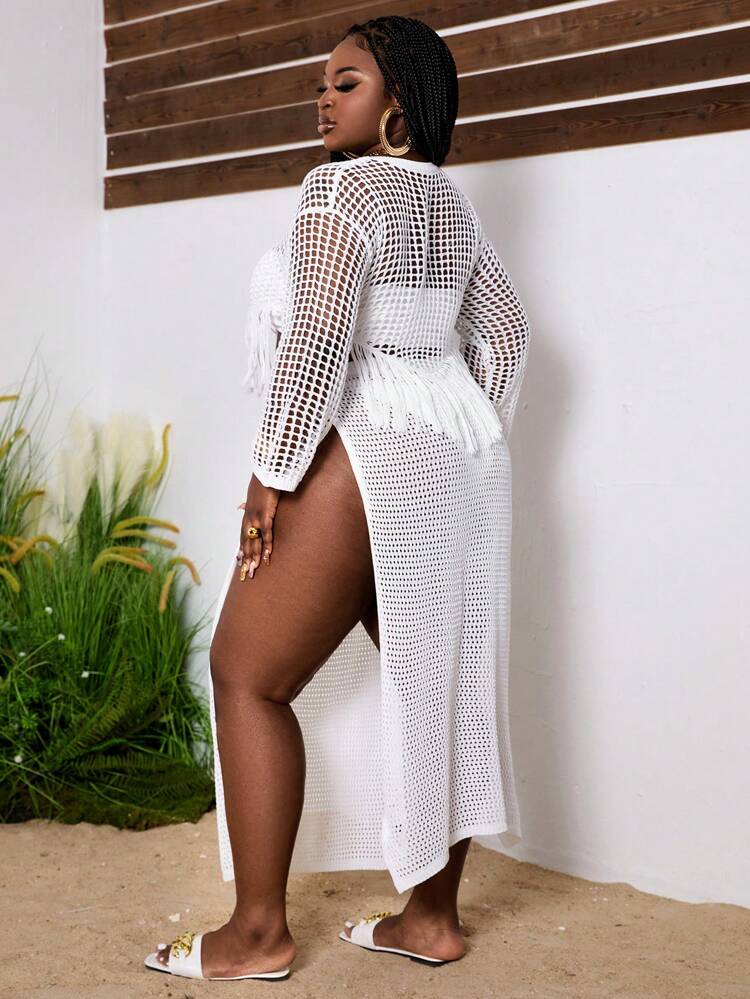 Women's Plus Size 2pcs/Set Sexy Solid Color Sweater With Fringe Drop Shoulder And Hollow Knit Midi Skirt With Slit, Perfect For Holiday, Summer