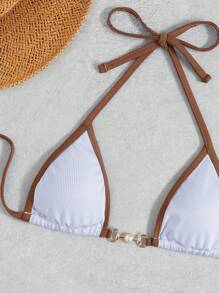 Swim Vcay Contrast Trim Triangle Top Halter Neck Two Pieces Bikini Set, Summer Beach
