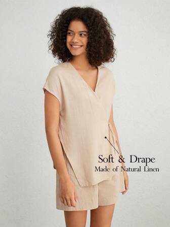 V領包裝前面帶綁帶和側面開槽上衣,家居服