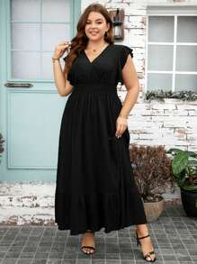 SHEIN Clasi 大尺碼純色褶皺腰部和荷葉邊中長裙