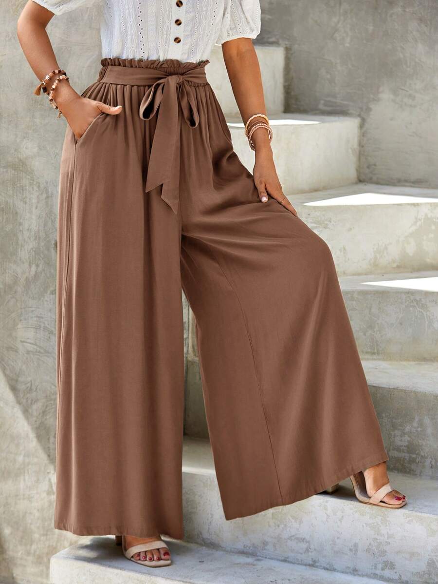 SHEIN LUNE 純色彈性腰寬口袋寬鬆寬腿褲 - 棕色 - 查看 1