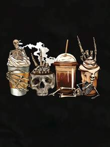 INAWLY Plus Size Women Skull Coffee Print Round Neck Short Sleeve T-Shirt, Summer