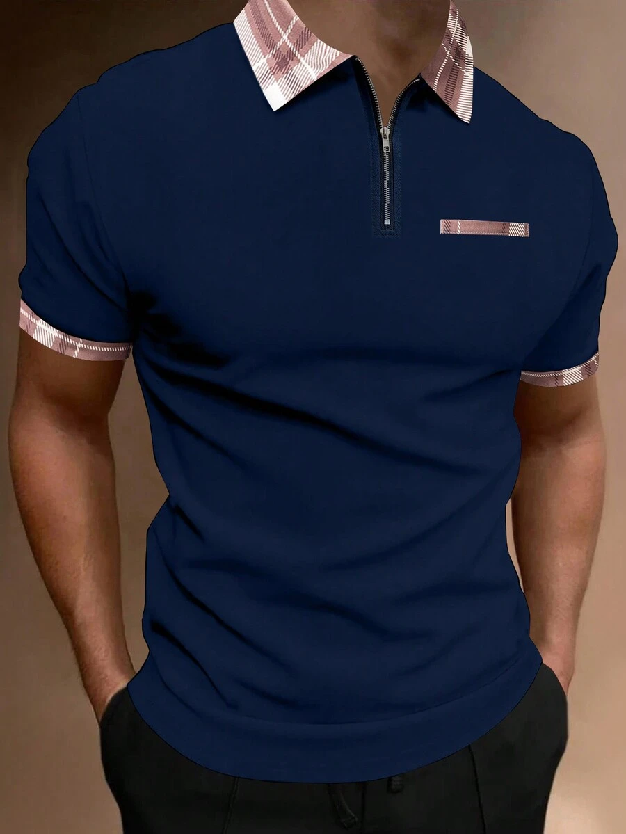 Manfinity Homme Camisa Polo De Hombre De Parche De Tela A Cuadros - Azul - Ver 1