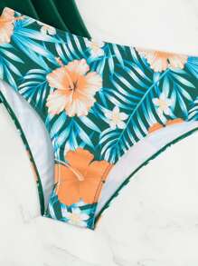 SHEIN Swim 女士纯色细肩带上衣和全身印花三角泳装套装，海滩装分体式泳衣套装夏季，夏季海滩 - 綠色 - 查看 6