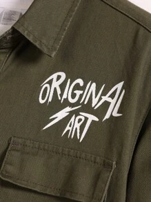 Manfinity Homme Men's Button-Front Denim Shirt With Letter Print, Flap Pockets - Army Green - View 6