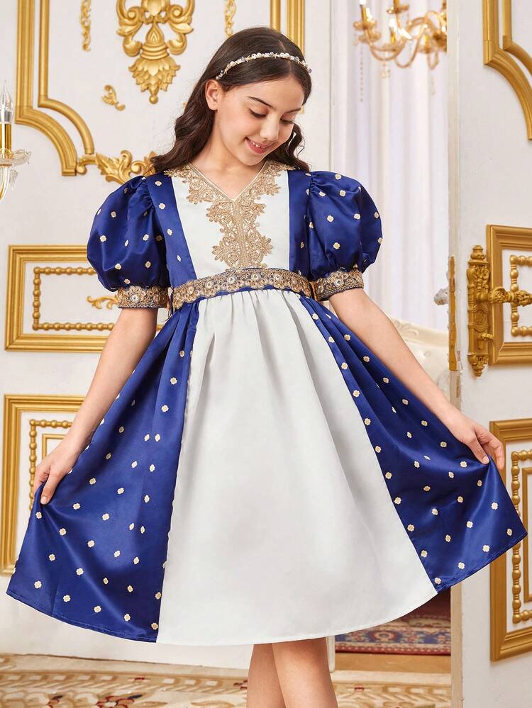 Tween Girls' Stylish Color Block Puff Sleeve Dress With Weave Detail At Neckline