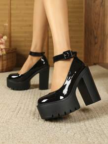 Fashion High Heel Pumps, Chunky Heel Casual High Heels For Ladies,Sexy,Mary Jane,Party,Platform Heels For Women - Black - View 3