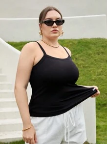 SHEIN Essnce Women's Plus Size Ribbed Knit Black Camisole Top - Black - View 3