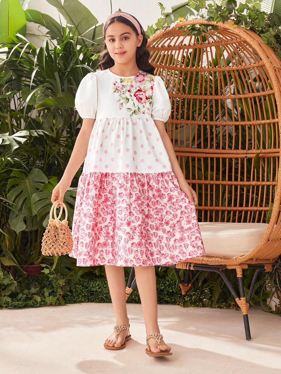 SHEIN 少女款編織花卉印花圓領寬鬆休閒度假裙,泡泡袖設計 - 彩色 - 查看 1