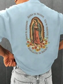 Camiseta De Manga Corta Con Estampado De La Virgen María Para Hombre - Celeste - Ver 1