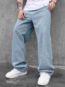 Manfinity EMRG Men Slant Pocket Loose Fit Jeans, Plain Long Washed Straight Leg Light Blue Cargo Jeans Light Jeans, For Husband, Boyfriend Gifts - Light Wash - View 3