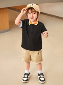 SHEIN Jonge jongen 1 stuk Casual College stijl Kleurblok Kraag & Mouw Zoom Korte mouwen Polo Comfortabel Kledingstof , Ademend En Terug naar school , Geschikt Voor Zomer Seizoen