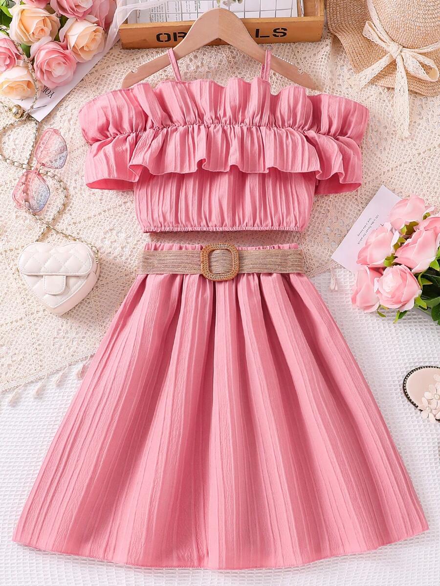 SHEIN 十幾歲女孩純色褶皺冷肩荷葉邊上衣和裙子套裝