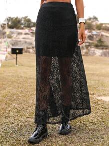 Breezaya Falda larga transparente de encaje unicolor, look de vacaciones en la playa para mujer - Negro - Ver 5