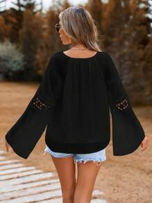 SHEIN VCAY Ladies' Solid Color Lace Patchwork Bell Sleeve Shirt - Black - View 2