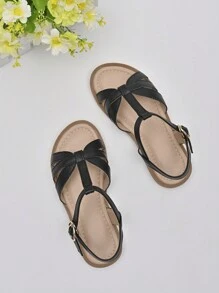 1 par de sandalias planas de estilo T de PU a la moda para niña, cómodas y versátiles, adecuadas para uso diario, bodas, fiestas, estilo bohemio de verano