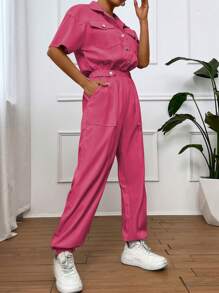 SHEIN Unity Solid Color Jumpsuit With Pockets And Front Button Placket, Workwear Style - Red - View 4