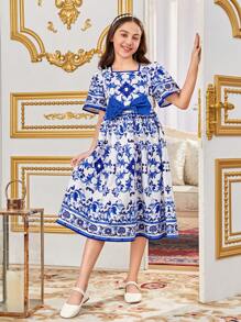 SHEIN Rochie pentru fete Tween, cu formă relaxată, cu imprimeu geometric, lejer, cu gât pătrat
