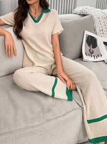 Color-Block V-Neck Collar Short Sleeve & Long Pants Women's Homewear Set - Apricot - View 3