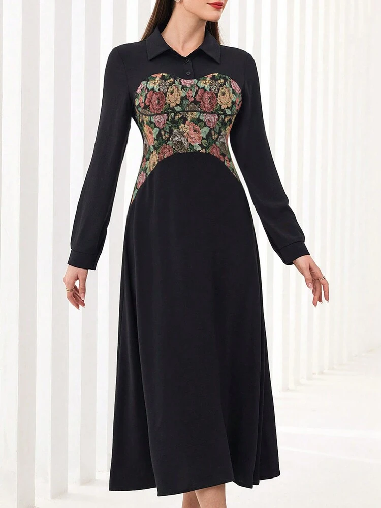 Women's Color Block Floral Panel Shirt Dress Fall Cloth For Women