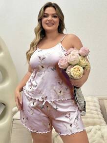 Plus Size Butterfly Printed Cami Top And Shorts Pajama Set - Mauve Purple - View 5