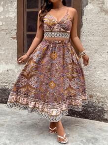 Breezaya Plus Size Women's Floral Printed Crop Top With Spaghetti Straps And Ruffled Hem Midi Skirt Two-Piece Set - Multicolor - View 4