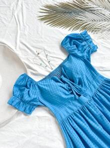 Soleia Kích thước lớn Off Shoulder Dây rút Váy chữ A - Màu xanh lam - Xem 5