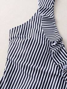 SHEIN Swim Einteiliger Badeanzug Mit Gestreiftem Rüschen - Schwarz und Weiss - Übersicht 5