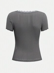 ROMWE J-Fashion Women's Plain Lace Sweetheart Neck T-Shirt - Light Grey - View 2