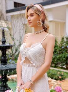 Aveloria Holiday Floral Cutout Textured Fabric Ruffle Trim Waist Belt Split Cami Dress