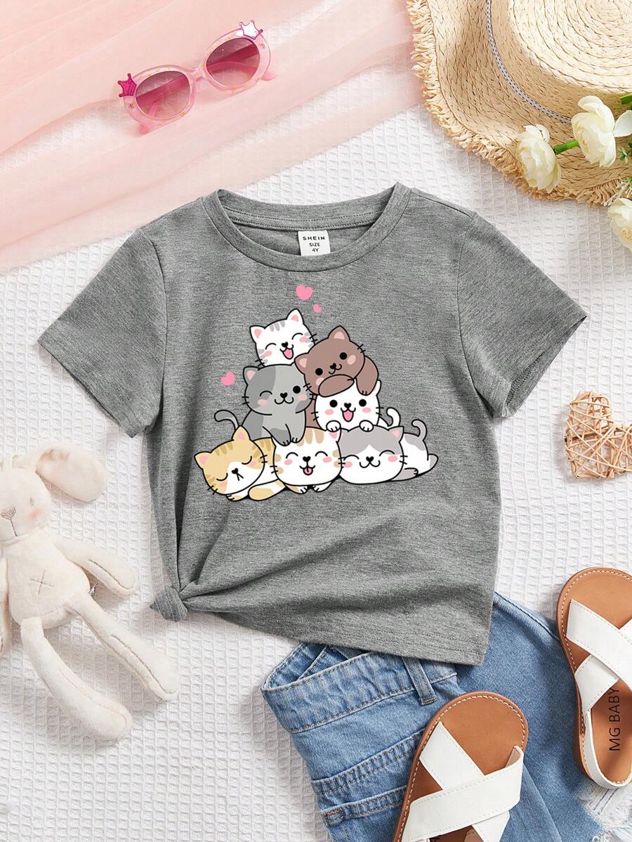 SHEIN 少女休閒卡通貓印花短袖T恤，夏季適用 - 灰色 - 查看 1