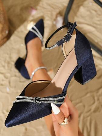 Große Größen Mode spitz zulaufende Schuh mit dickem Absatz, Damen sexy Lässig Party Schuhe, Arbeitsschuhe, Sandalen, mit Strass Verzierung, für Frühling/Sommer