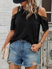 Breezaya Camiseta con hombros descubiertos y adorno de pedrería - Negro - Ver 5