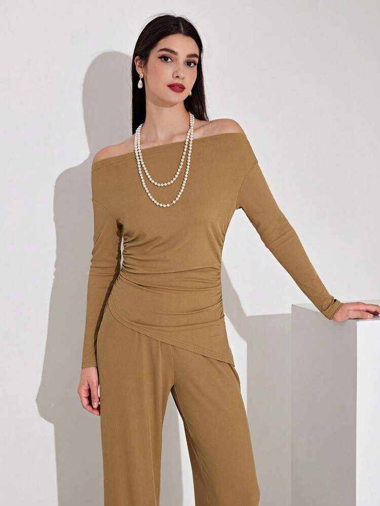 Women's Plain Off Shoulder Asymmetric Hem Top & Wide Leg Pants Two Pieces Set 2 Pieces Set