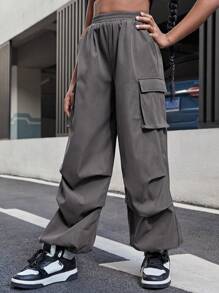 SHEIN Cô gái Tween Giải trí Eo đàn hồi Màu thuần Người chạy bộ Quần Cargo Với Đàn hồi Cổ tay áo Cho mùa hè - Xám - Xem 4