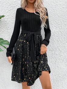 SHEIN Clasi 女士圓領星星印花腰帶搖擺裙 - 黑色 - 查看 5