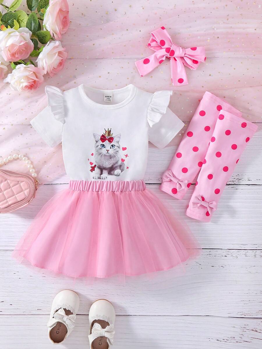 女婴猫咪印花连体衣、薄纱裙和一双袜子套装，春夏款 - 粉色 - 查看 1