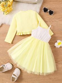 SHEIN Vestido con tirantes de espagueti y chaqueta con volantes con bordado de flores de malla de contraste para niña joven - Amarillo - Ver 2