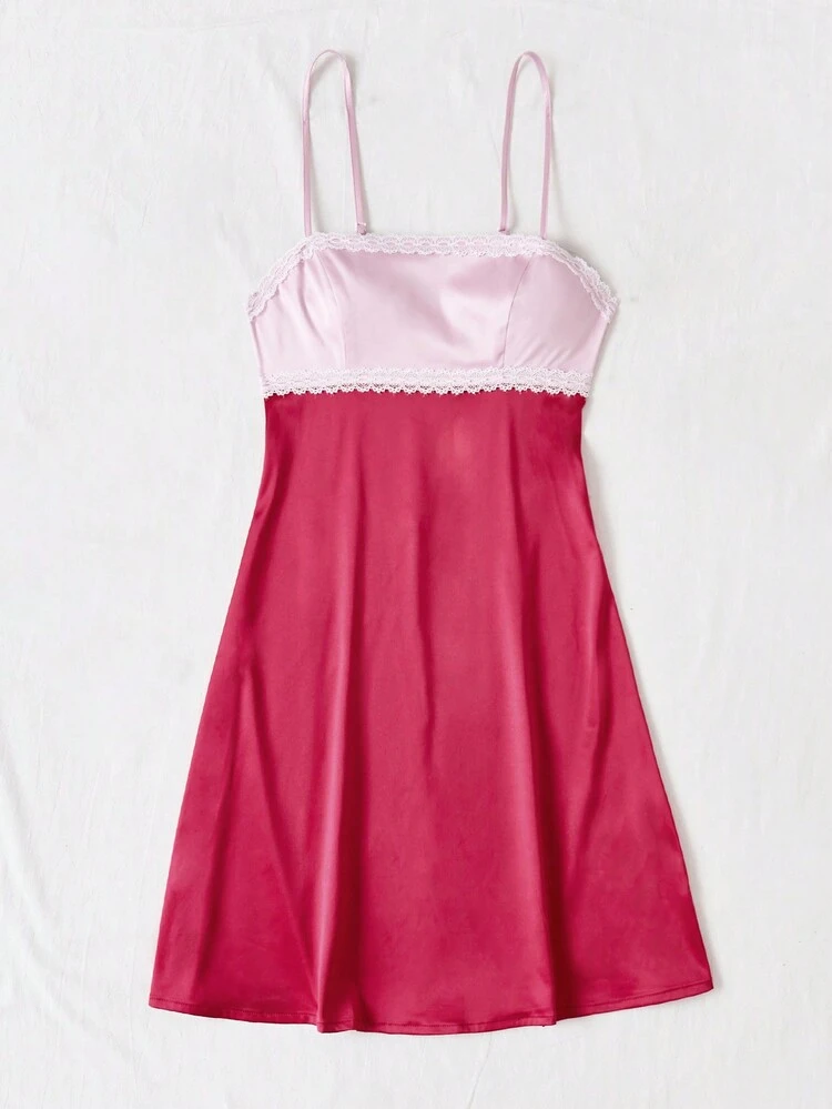 Satin Lace Splicing Contrast Color Backless Cami Dress