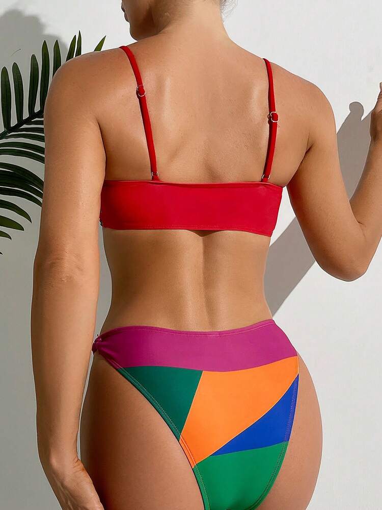 Summer Color-Block Bikini Set With Twisted Detailing And Spaghetti Straps