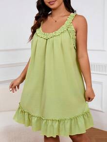 Plus Size Solid Color Frilled Hem & Trim & Pleated Detailing Night Dress - Green - View 6
