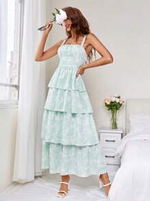 SHEIN Privé Langes mehrlagiges Blumenkleid für Damen, langes Sommerkleid, Blumenkleid, grünes Blumenkleid, romantischer Urlaub, romantische Eleganz, Musikfestival, Swing-Kleid, Gartenparty-Kleidung/Picknick, Osterkleid